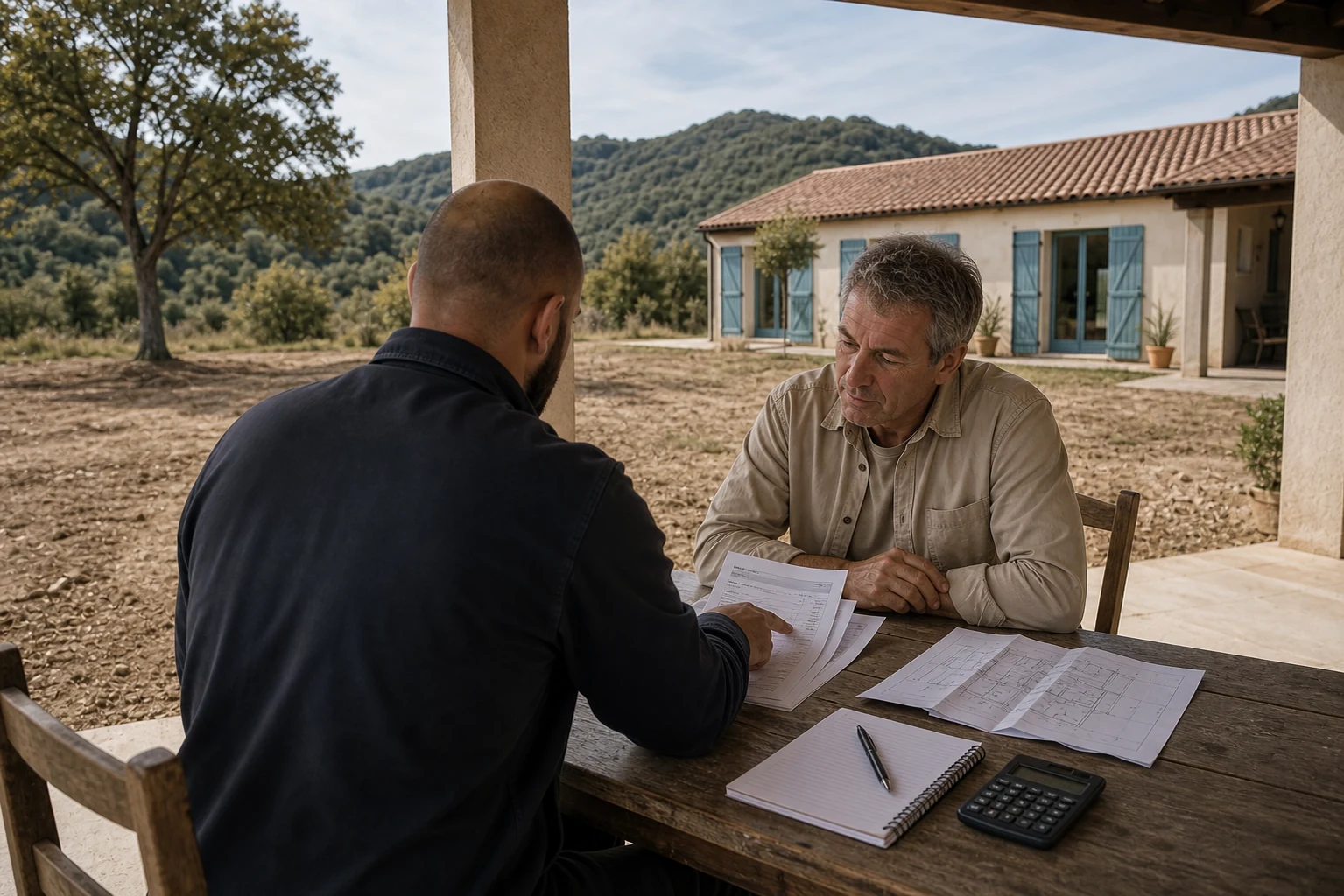 Entrepreneur préparant un devis de travaux avec un client