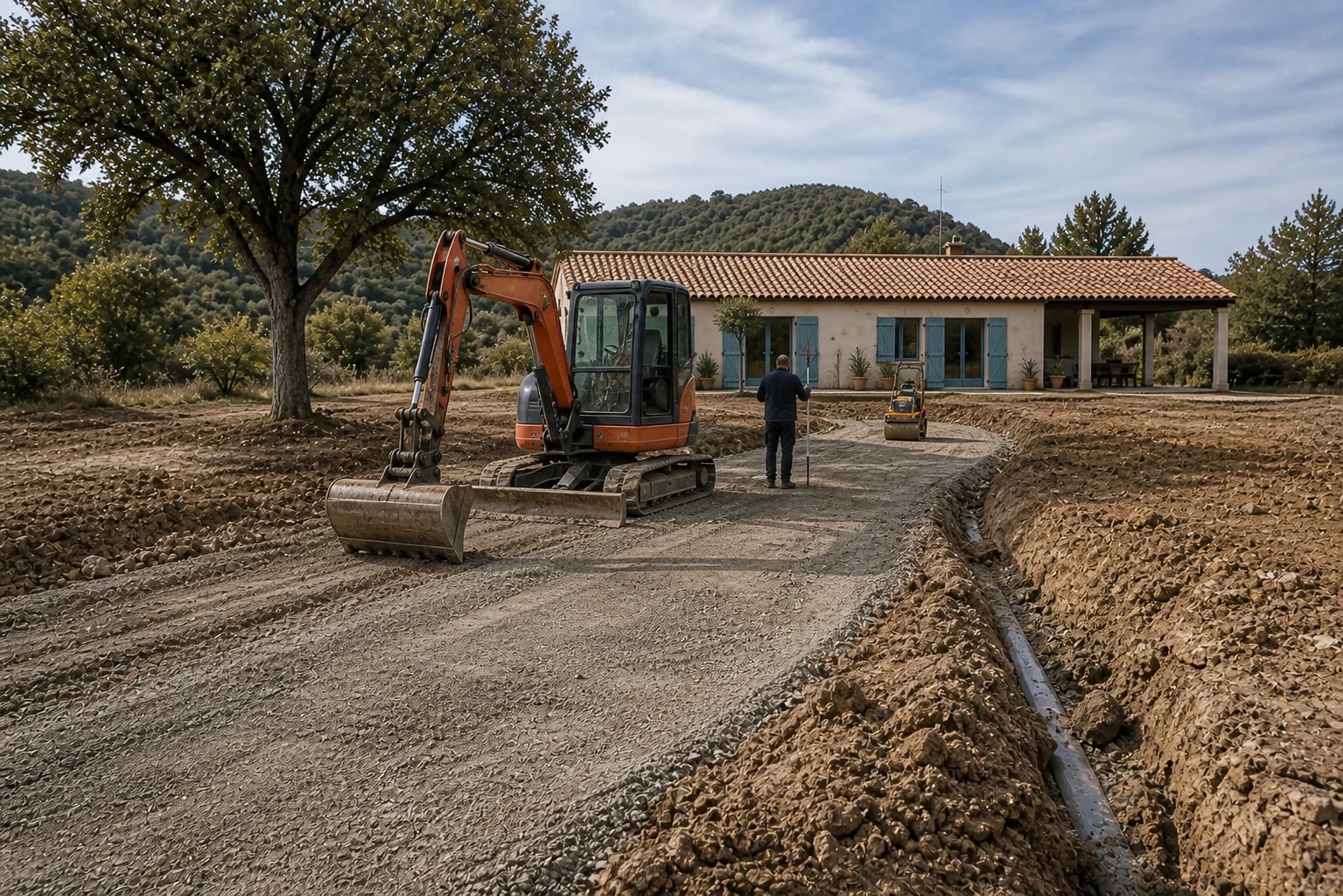 Travaux de terrassement et préparation d’un accès devant une maison