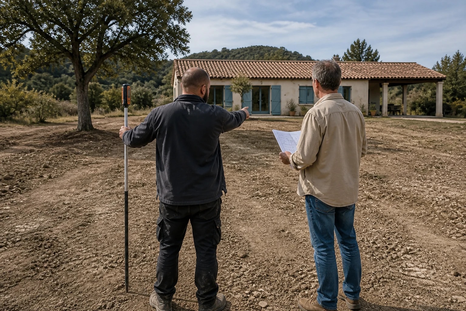 Entrepreneur et propriétaire évaluant un terrain avant les travaux